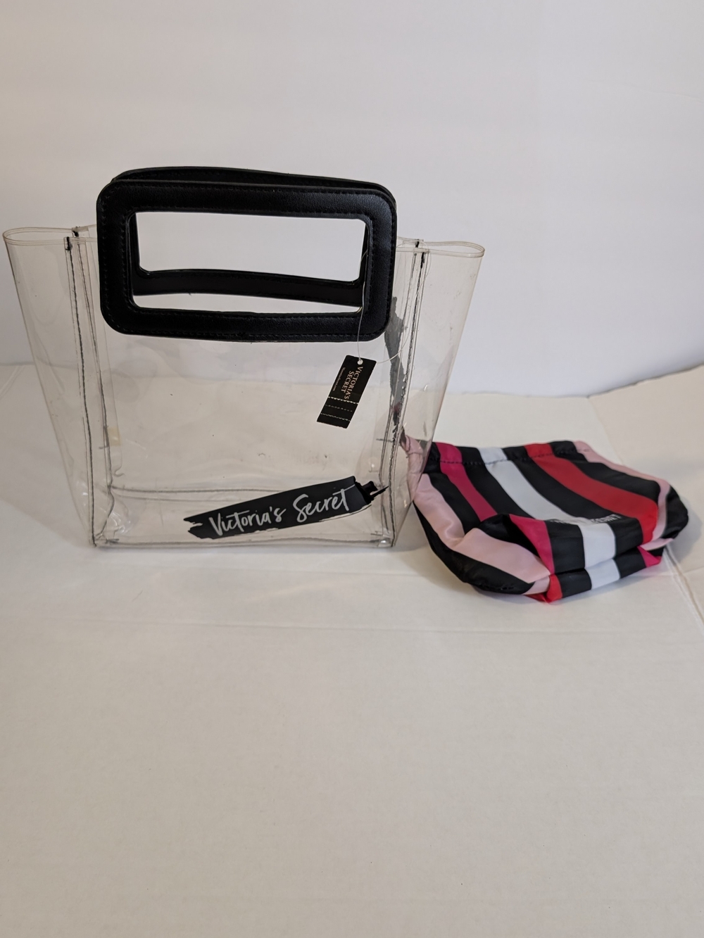 NWT Victoria Secret Clear Tote Bag Makeup Pouch Set Stadium Approved Stripe Mini